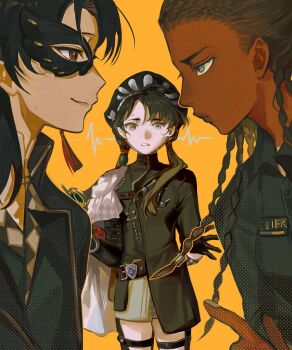 3girls beret black_coat black_dress black_footwear black_gloves black_hair black_hat black_ibis_(reverse:1999) black_mask blue_eyes boots braid brown_eyes cape chin_strap closed_mouth coat confrontation cornrows cowboy_shot dark-skinned_female dark_skin dress eye_contact eye_mask face-to-face faceoff gloves half_mask hand_up hat highres index_finger_raised komeokun liang_yue_(reverse:1999) lightning_glare looking_at_another looking_at_viewer low_twin_braids mask multiple_girls parted_lips poitier_(reverse:1999) police police_uniform policewoman profile reverse:1999 rivalry short_dress side_cape smile teacher_and_student thigh_boots twin_braids upper_body very_dark_skin white_cape yellow_background yellow_eyes