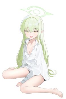 1girl :d absurdres alternate_costume alternate_hairstyle bare_shoulders barefoot between_legs blue_archive breasts cleavage collarbone collared_shirt commentary dot_nose fang feet fingernails green_eyes green_hair green_halo hair_between_eyes hair_down halo hand_between_legs highres korean_commentary light_blush loli long_hair long_sleeves looking_at_viewer nail_polish naked_shirt no_tail nozomi_(blue_archive) open_clothes open_mouth open_shirt pink_nails pointy_ears seungju shirt simple_background sitting sleeves_past_wrists small_breasts smile solo straight_hair thighs toes very_long_hair wariza white_background white_shirt yellow_eyes