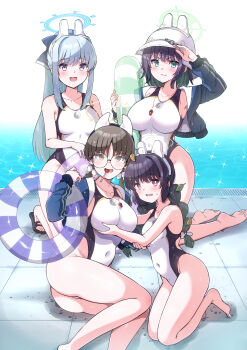 4girls absurdres animal_ear_helmet animal_helmet black_hair black_one-piece_swimsuit blue_archive blue_halo braid breasts brown_eyes brown_hair candy combat_helmet competition_swimsuit covered_navel cropped_jacket food green_eyes green_halo grey_hair grey_halo halo helmet highleg highleg_one-piece_swimsuit highres jacket large_breasts leaf leaf_on_head lollipop long_hair long_sleeves looking_at_viewer low_twin_braids low_twintails medium_breasts miyako_(blue_archive) miyu_(blue_archive) moe_(blue_archive) multiple_girls one-piece_swimsuit open_clothes open_jacket ponytail pool poolside purple_eyes rabbit_platoon_(blue_archive) red_eyes round_eyewear saki_(blue_archive) sarfata short_hair sidelocks small_breasts stahlhelm swimsuit twin_braids twintails two-tone_swimsuit very_long_hair whistle whistle_around_neck white_helmet white_one-piece_swimsuit yellow_halo