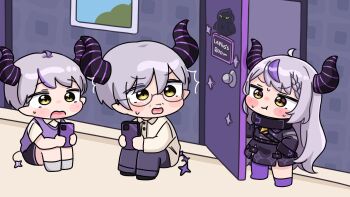 1girl 2boys :t ^^^ ahoge asymmetrical_legwear black-framed_eyewear black_dress black_pants black_shorts black_socks blush_stickers braid braided_bangs brother_and_sister brown_eyes brown_shirt cellphone chibi closed_mouth collared_shirt commentary_request crow_(la+_darknesss) demon_horns dress dress_shirt facial_hair father_and_daughter glasses grey_hair grey_socks highres holding holding_phone hololive horns indoors la+_darknesss la+_darknesss_(1st_costume) long_hair long_sleeves mochimiko multicolored_hair multiple_boys mustache on_floor open_door open_mouth pants phone pout purple_hair purple_socks purple_thighhighs semi-rimless_eyewear shirt shorts siblings single_sock single_thighhigh sitting small_sweatdrop socks standing streaked_hair stubble sweat sweater_vest thighhighs under-rim_eyewear very_long_hair virtual_youtuber wavy_mouth