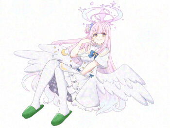 1girl absurdres angel angel_wings blue_archive closed_mouth dress green_slippers hair_bun halo highres long_hair looking_at_viewer mayoineko mika_(blue_archive) panties pink_hair slippers solo underwear white_background white_dress white_panties wings