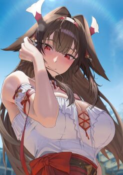 Rule 34 | 1girl, adjusting hair, arm strap, bare shoulders, blue sky, blush, breasts, brown hair, chco, cleavage, closed mouth, commentary request, criss-cross straps, detached collar, fox girl, from below, hair intakes, highres, large breasts, long hair, red eyes, shirt, sky, smile, solo, white shirt, ye shunguang, zenless zone zero