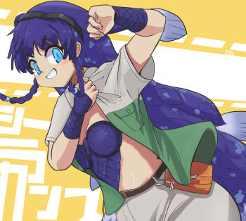 1girl belt black_hairband blue_eyes blue_hair blue_shirt blue_wrist_cuffs blush braid brown_belt coelacanth_(kemono_friends) cowboy_shot fins fish_girl green_shirt grey_shorts hairband hane_(kirschbaum) head_fins jacket kemono_friends kemono_friends_3 long_hair midriff multicolored_hair open_clothes open_shirt putting_on_jacket safari_jacket shirt short_sleeves shorts side_braid smile solo t-shirt two-tone_shirt white_shirt wrist_cuffs