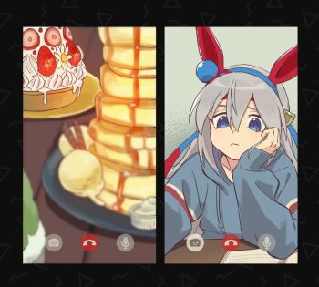 Rule 34 | 1girl, animal ears, blue eyes, blue hairband, blue hoodie, cinnamon stick, closed mouth, collarbone, commentary request, ear covers, food, fruit, giragira egao, grey hair, hair between eyes, hairband, head rest, headband, highres, hood, hood down, hoodie, horse ears, horse girl, ice cream, korean commentary, long hair, long sleeves, maple syrup, multicolored hairband, pancake, red headband, strawberry, striped clothes, striped hairband, syrup, tamamo cross (umamusume), umamusume, video call