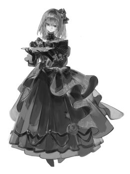 1girl absurdres artist_request bang_dream! bang_dream!_it's_mygo!!!!! bow chinese_commentary collar commentary_request commission dress flower frilled_collar frills full_body gloves greyscale hair_bow highres holding holding_plate long_dress long_sleeves looking_at_viewer medium_hair misumi_uika monochrome musical_staff musical_staff_print parted_lips plate print_dress rose second-party_source simple_background solo standing white_background