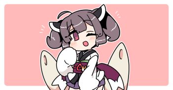 Rule 34 | 1girl, ;d, ahoge, blunt bangs, blush, border, brown hair, cowboy shot, double-parted bangs, hand up, headgear, ini (inunabe00), japanese clothes, kimono, kiritanpo (food), long sleeves, looking at viewer, miniskirt, obi, one eye closed, open mouth, outline, outside border, pink background, pleated skirt, purple skirt, red eyes, red sash, sash, short hair, simple background, skirt, sleeves past fingers, sleeves past wrists, smile, solo, touhoku kiritan, voiceroid, white border, white kimono, white outline, wide sleeves