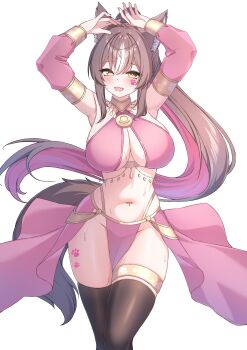 1girl absurdres animal_ears arabian_clothes armpits arms_up belly breasts brown_hair chisaka_airi cleavage harem_outfit highres large_breasts maru.selinn midriff multicolored_hair nail_polish navel pelvic_curtain phase_connect pink_hair pink_nails second-party_source sideboob streaked_hair tail tattoo thighhighs thighs virtual_youtuber white_hair wolf_ears wolf_tail yellow_eyes