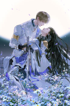 1boy 1girl absurdres armlet bell_sleeves black_gloves black_hair black_pantyhose black_shirt blonde_hair blue_eyes blue_flower blue_gemstone blue_ribbon boots closed_eyes closed_mouth coat cradling_head detached_collar dress earclip earrings expressionless falling_petals feather_trim field flower flower_field foot_out_of_frame forget-me-not_(flower) full_moon gem gloves hair_slicked_back highres holding holding_sword holding_weapon jewelry knee_up lapels lips long_hair long_sleeves looking_at_another love_and_deepspace moon night night_sky notched_lapels on_grass outdoors pants pantyhose petals planted planted_sword planted_weapon profile protagonist_(love_and_deepspace) ribbon see-through_clothes see-through_dress shirt short_hair shoulder_guard single_earring sitting sky star_(symbol) sword tassel tassel_earrings thigh_boots thigh_strap weapon white_coat white_dress white_footwear white_pants white_shirt wispy_bangs xavier_(love_and_deepspace) xiao_yunye