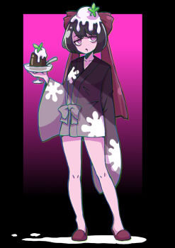 1girl @_@ bags_under_eyes black_hair bow coffee_jelly_(virusweets) commentary_request cup drooling food food_on_head full_body gelatin gradient_background hair_bow half-closed_eyes hand_up highres holding holding_cup japanese_clothes kimono long_sleeves object_on_head parted_lips pink_background pink_eyes purple_bow purple_kimono purple_shoes satomura_kyou sherbet_cup shoes short_hair short_kimono sleeves_past_fingers sleeves_past_wrists slippers solo spoon standing virusweets wide_sleeves