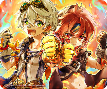 Rule 34 | 2boys, bandaid, bandaid on face, bandaid on nose, bennett (genshin impact), clenched hands, closed mouth, comiket 107, commentary request, english text, genshin impact, goggles, goggles on head, male focus, multiple boys, open mouth, outstretched hand, red hair, smile, toyamaru (sakurairo palette), white hair, xbalanque (genshin impact)