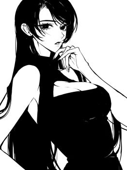 1girl bare_arms breasts cleavage cleavage_cutout clothing_cutout dress earrings fingernails greyscale halter_dress halterneck hand_up highres jewelry large_breasts long_hair looking_at_viewer monochrome original parted_bangs parted_lips simple_background sleeveless sleeveless_dress solo stud_earrings teeniika thinking upper_body white_background