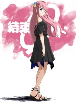 1girl bare_shoulders black_dress blue_eyes bocchi_the_rock! cube_hair_ornament dress floating_hair gotoh_hitori hair_ornament high_heel_sandals highres long_hair looking_at_viewer looking_back pink_hair sandals sheer_pantyhose standing strappy_heels white_background yuki._(kitaiku4)