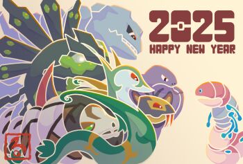 2025 animal_focus arbok c_c_luran chinese_zodiac closed_mouth commentary_request english_text fangs from_side gen_1_pokemon gen_2_pokemon gen_3_pokemon gen_5_pokemon gen_6_pokemon gen_8_pokemon happy_new_year highres legendary_pokemon new_year nintendo no_humans nostrils open_mouth orthworm pokemon pokemon_(creature) pokemon_focus red_eyes sandaconda serperior seviper simple_background snake species_connection steelix teeth tongue tongue_out year_of_the_snake yellow_background zygarde zygarde_(50)
