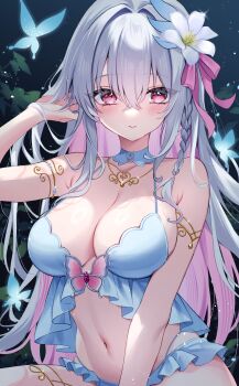 1girl absurdres armlet armpit_crease babydoll bare_shoulders blue_babydoll blush braid breasts bug butterfly cleavage collarbone commentary_request detached_collar eneru_(enepuni) flower frilled_panties frills hair_between_eyes hair_flower hair_ornament hair_ribbon hand_up highres insect jewelry large_breasts long_hair long_sleeves looking_at_viewer multicolored_hair navel necklace original panties parted_lips pink_hair red_eyes ribbon solo spaghetti_strap stomach two-tone_hair underwear very_long_hair white_hair