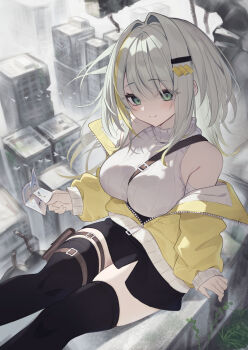 Rule 34 | 1girl, black thighhighs, breasts, cityscape, commentary request, diieru, green eyes, grey hair, highres, holding, holding photo, jacket, large breasts, multicolored hair, photo (object), sitting, solo, streaked hair, sweater, thighhighs, tsunose kotone, voiceroid, white sweater, yellow jacket