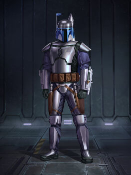 Rule 34 | 1boy, absurdres, armor, audia pahlevi, belt, belt pouch, black gloves, brown belt, clenched hands, gloves, helmet, highres, holster, jango fett, male focus, mandalorian, mandalorian armor, pouch, solo, standing, star wars, star wars: attack of the clones, thigh holster