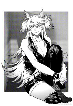 Rule 34 | 1girl, absurdres, american flag legwear, animal ears, artist name, breasts, cleavage, greyscale, highres, horse ears, horse tail, long hair, looking at viewer, monochrome, obey your master (umamusume), ruukii drift, smile, solo, star-shaped pupils, star (symbol), symbol-shaped pupils, tail, umamusume, vest, watermark