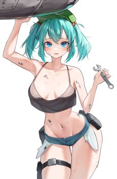 1girl alternate_costume black_tank_top blue_eyes blue_hair blue_nails blue_shorts blush breasts newsboy_cap commentary_request contrapposto cowboy_shot crop_top dirt fingernails green_hat groin hair_bobbles hair_ornament hat highres holding holding_wrench kawashiro_nitori looking_at_viewer machine medium_breasts micro_shorts midriff navel open_fly open_mouth pocket pouch remirii short_hair shorts sidelocks simple_background smile solo tank_top thigh_gap thigh_strap touhou two_side_up white_background wrench