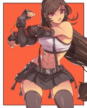 1girl abs bare_shoulders belt black_gloves black_hair black_skirt black_thighhighs border bracelet breasts closed_mouth commentary crop_top earrings edwin_huang elbow_gloves english_commentary feet_out_of_frame final_fantasy final_fantasy_vii final_fantasy_vii_remake fingerless_gloves gloves jewelry long_hair looking_at_viewer low-tied_long_hair materia medium_breasts orange_background outside_border pink_lips red_eyes skirt solo stretching suspender_skirt suspenders tank_top thighhighs tifa_lockhart toned toned_female white_border white_tank_top zettai_ryouiki