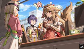 ! 3girls absurdres ahoge animal_ear_fluff animal_ears artist_name bare_shoulders belle_(delicate_sunlight)_(zenless_zone_zero) belle_(zenless_zone_zero) blonde_hair blue_hair blue_sky blush bracelet breasts brown_hair building chinese_clothes cleavage closed_mouth cloud coco_(zenless_zone_zero) collar commentary_request cross-laced_clothes cross-laced_top cup dress dress_over_shirt drinking drinking_straw droopy_ears frilled_collar frilled_shirt frilled_shirt_collar frills hair_ornament hairband high-waist_skirt highres holding holding_cup holding_phone jewelry jfzm001 large_breasts letter_hair_ornament long_hair long_skirt looking_at_another monitor multicolored_hairband multicolored_nails multiple_girls official_alternate_costume open_mouth orange_dress phone pink_nails pink_shirt polka_dot polka_dot_shirt purple_eyes red_bag red_eyes red_skirt shirt short_hair skirt sky sparkle white_hairband white_shirt white_skirt ye_shunguang ye_shunguang_(touch_of_dawnlight) zenless_zone_zero