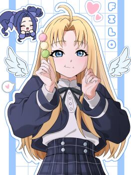1girl :d ^_^ abstract_background ahoge alternate_costume black_jacket black_ribbon black_skirt blonde_hair blue_background blue_dress blue_eyes blue_hair blue_ribbon blush closed_eyes closed_mouth commentary cowboy_shot dango dress eating english_commentary eyelashes feathered_wings filo_(tate_no_yuusha_no_nariagari) flat_chest food forehead gushing hair_intakes hair_ribbon hands_up heart highres holding holding_food jacket long_hair long_sleeves looking_at_viewer melty_q_melromarc neck_ribbon open_clothes open_jacket open_mouth outline pleated_skirt portrait ribbon shahed_arts shirt skirt skirt_set smile solo speech_bubble spoken_heart straight_hair tate_no_yuusha_no_nariagari turtleneck turtleneck_shirt two-tone_background wagashi wavy_hair white_background white_outline white_shirt wings