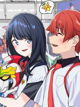 1boy 1girl black_hair blue_eyes blush bow couple doll dynarex gridknight_(ssss.gridman) gridman_(character) gridman_(ssss) gridman_universe gridman_universe_(movie) gridman_universe_fighter hetero hibiki_yuuta highres isme long_hair necktie red_hair school_uniform shirt short_hair smile stuffed_toy takarada_rikka
