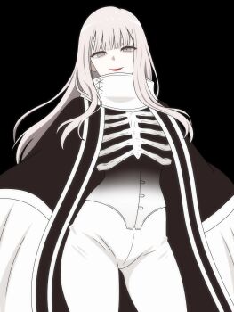 1girl absurdres black_background blue_eyes bodysuit border cosplay cowboy_shot dani_(angrymatthew) grey_hair haniel_(sono_bisque_doll_wa_koi_wo_suru) haniel_(sono_bisque_doll_wa_koi_wo_suru)_(cosplay) highres kitagawa_marin long_hair red_lips simple_background smile solo sono_bisque_doll_wa_koi_wo_suru white_bodysuit white_border