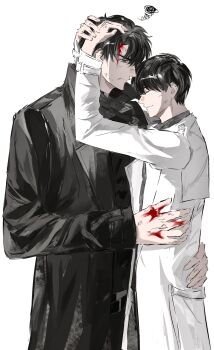 2boys 8d2suga9 angry black_coat black_hair blood blood_from_forehead blood_on_face blood_on_hands closed_eyes coat hand_on_another&#039;s_back hand_on_another&#039;s_head highres hug kim_dokja large_hands looking_at_another male_focus multiple_boys narrowed_eyes omniscient_reader&#039;s_viewpoint open_clothes open_coat popped_collar short_hair smile white_coat yaoi yoo_joonghyuk