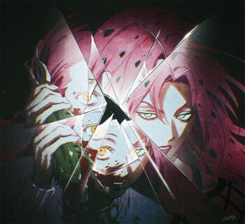 2boys animal artist_name blood blood_on_face broken_glass commentary_request diavolo dual_persona frog glass green_eyes holding holding_animal holding_frog jojo_no_kimyou_na_bouken looking_at_viewer male_focus multiple_boys multiple_views parted_lips pink_hair spotted_hair untabunta upper_body vento_aureo vinegar_doppio yellow_eyes