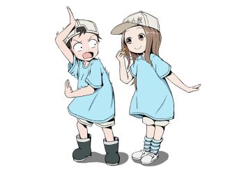 Rule 34 | 10s, 1boy, 1girl, alternate costume, black hair, blue shirt, blush, brown eyes, brown hair, cosplay, full body, hataraku saibou, highres, karakai jouzu no takagi-san, l.eleven, leaning forward, nishikata, open mouth, parted bangs, platelet (hataraku saibou), platelet (hataraku saibou) (cosplay), shirt, shoes, shorts, smile, socks, standing, surprised, takagi-san, trembling, whistle, wide-eyed