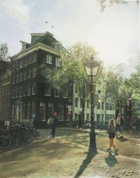 Rule 34 | 2boys, 3girls, absurdres, apartment, brick floor, commentary request, day, highres, multiple boys, multiple girls, naohiro ito, original, outdoors, painting (medium), road, road sign, scenery, shadow, sidewalk, sign, street, sunlight, traditional media, traffic mirror, tree, tree shade