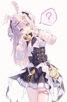 Rule 34 | 1girl, ?, animal ears, argyle clothes, black corset, black skirt, blush, breasts, clock hands, commentary, corset, cowboy shot, hair ornament, head tilt, heart, heart hands, heterochromia, holding, holding pocket watch, long hair, medium breasts, original, pink eyes, pink hair, pocket watch, rabbit ears, shirt, sidelocks, simple background, skirt, solo, spoken question mark, thigh strap, tina oekaki, twitter username, two side up, watch, wavy hair, white background, white shirt, yellow eyes