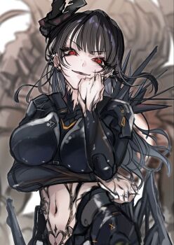 1girl arm_under_breasts armor behemoth_(nikke) black_armor black_bodysuit black_hair black_horns black_lips black_liquid bodysuit boobplate breastplate breasts closed_mouth commentary_request cowboy_shot ear_piercing finger_tattoo goddess_of_victory:_nikke hair_between_eyes highres horns large_breasts liquid_clothes long_hair looking_at_viewer midriff mutsui navel piercing pubic_tattoo red_eyes rigging sidelocks sketch smile solo standing tattoo