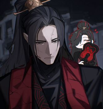 Rule 34 | 1boy, 1girl, black eyes, black hair, black hanfu, chinese clothes, commentary request, cross scar, curtained hair, glaring, hair bun, hair ornament, hand fan, hanfu, high ponytail, highres, holding, holding fan, lei heng (project moon), limbus company, looking at viewer, partially shaded face, ponytail, project moon, red scarf, red streaks, red trim, scar, scar on face, scarf, serious, sidelighting, stole, teacher and student, upper body, xiao guan (headdress), yasuihiruya, zigong (project moon)