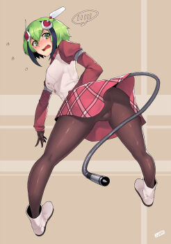 10s 1girl android ass bent_over blush brown_hair brown_pantyhose cable cable_tail dimension_w female_focus flying_sweatdrops green_eyes green_hair headgear highres jjune juliet_sleeves long_sleeves looking_back matching_hair/eyes mechanical_tail open_mouth pantyhose plug puffy_sleeves shirt skirt solo spoken_blush tail upskirt vest wavy_mouth yurizaki_mira