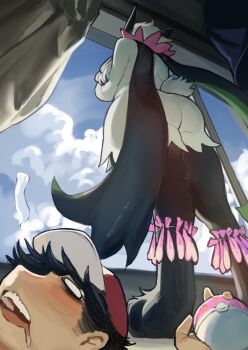 1boy 1girl absurdres baseball_cap black_hair blue_sky cloud commentary_request from_below furry furry_female hat highres holding holding_poke_ball meowscarada miao_jiangyou nintendo open_mouth poke_ball pokemon pokemon_(creature) sky tail