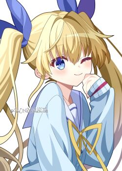 Rule 34 | 1girl, 4rion, ;), absurdres, blonde hair, blue bow, blue cardigan, blue eyes, blush, bow, cardigan, clenched hand, closed mouth, commentary, da capo, eyes visible through hair, hair between eyes, hair bow, hair intakes, hand up, highres, long hair, looking at viewer, one eye closed, ribbon, sailor collar, school uniform, serafuku, sidelocks, simple background, sleeves past wrists, smile, solo, twintails, twitter username, upper body, very long hair, white background, white sailor collar, yellow ribbon, yoshino sakura
