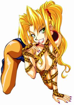 1girl all_fours bad_id bad_pixiv_id blonde_hair breasts brown_pantyhose cleavage crawling earrings female_focus fingernails full_body green_eyes grin hanging_breasts high_ponytail jewelry large_breasts legs leotard lipstick long_hair makeup mitake830 mitake_2000 naughty_face nipples pantyhose ponytail ribbon simple_background smile sofia sofia_(toushinden) solo tamsoft thighs toushinden wardrobe_malfunction white_background