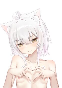 1girl absurdres animal_ear_fluff animal_ears breasts cat_ears cat_girl commentary_request embarrassed empty_eyes four-finger_heart_hands frown furrowed_brow heart heart_hands highres light_blush original short_hair simple_background small_breasts topless_female upper_body white_background white_hair yellow_eyes zhai_mi_xing_hui