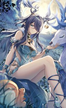 1girl absurdres animal animal_on_shoulder antler_ornament antlers aqua_dress arm_support bare_shoulders bird bird_on_shoulder blue_eyes blue_gemstone branch breasts cleavage closed_mouth clothing_cutout cloud commentary_request crossed_bangs cutout_above_navel deer deer_antlers deer_girl dress earrings feet_out_of_frame flower from_below full_moon gem genshin_impact gladiator_sandals gold gold_ring hair_intakes hair_over_one_eye hand_up highres horns jewelry knees_up large_breasts lauma_(genshin_impact) legs light_particles long_hair looking_at_viewer moon moonlight night night_sky pointy_ears purple_hair ring sandals sidelocks sitting sky sleeveless sleeveless_dress smile solo squirrel thighs very_long_hair yuno_kaihara