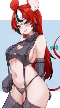 1girl absurdres alternate_costume animal_ear_fluff animal_ears arm_warmers artist_name black_hair blue_eyes blush bow breasts cleavage cleavage_cutout clothing_cutout commentary double-parted_bangs english_commentary garter_straps hair_between_eyes hakos_baelz half-closed_eyes halterneck highres hololive hololive_english mouse_ears mouse_tail multicolored_hair navel panties red_hair revealing_clothes ribbed_sleeves ribbed_sweater signature sleeveless sleeveless_turtleneck smile soup_(soupysoull) standing striped_background sweater tail tail_bow tail_ornament thighhighs thong turtleneck underwear virgin_destroyer_sweater virtual_youtuber white_hair