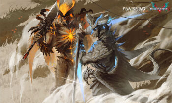 2boys absurdres alternate_form blue_eyes claws dante_(devil_may_cry) demon demon_boy demon_horns demonic_creature devil_may_cry_(series) devil_may_cry_5 devil_sword_dante devil_trigger energy_horns flaming_horns glowing glowing_chest glowing_eyes glowing_mouth glowing_nails glowing_wings highres holding holding_sword holding_weapon horns male_focus multiple_boys multiple_wings official_art punishing:_gray_raven sin_devil_trigger sword weapon wings yamato_(sword)