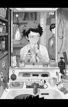 2boys ^_^ aged_down alarm_clock bath_brush bathroom blurry brothers cable cleaning_rag clock closed_eyes collared_shirt comb cup depth_of_field dress_shirt facing_viewer faucet greyscale hands_up highres kazama_shin_(world_trigger) kazama_souya kzmsnmjkk letterboxed long_sleeves looking_to_the_side male_focus mirror monochrome multiple_boys out_of_frame plug razor reflection reflection_focus safety_razor shampoo_bottle shelf shirt short_hair siblings sink soap solo_focus spiked_hair spray_can sticker tile_wall tiles toothbrush toothpaste tying_necktie world_trigger