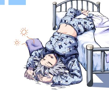 Rule 34 | 1girl, animal ears, bed, blanket, blue pants, blue shirt, breasts, closed eyes, commentary request, ear covers, fallen down, grey hair, highres, hishi miracle (umamusume), horse ears, horse girl, kanran (k han ran), long sleeves, medium breasts, medium hair, midriff, navel, open mouth, pajamas, pants, pillow, print pajamas, saliva, shirt, sleeping, solo, umamusume