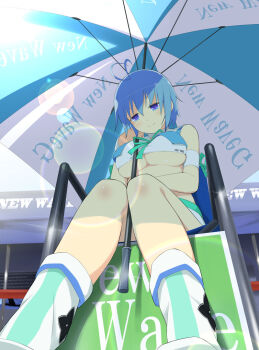 1girl antenna_hair bare_shoulders blue_eyes blue_hair blue_umbrella body_blush boots breasts chair chest_ribbon closed_mouth crop_top game_cg green_ribbon hair_between_eyes holding holding_umbrella large_breasts lens non-web_source official_alternate_costume official_art race_queen ribbon seimei_(senran_kagura) senran_kagura senran_kagura_new_wave short_hair shuriken_print sitting smile solo sparkle two-tone_umbrella umbrella underboob white_umbrella