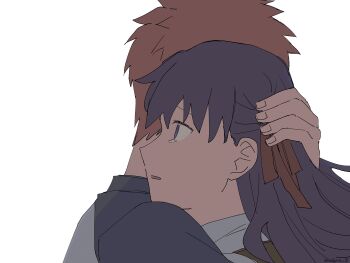 1boy 1girl brown_hair commentary_request emiya_shirou fate/stay_night fate_(series) hair_ribbon heaven&#039;s_feel highres homurabara_academy_school_uniform hug matou_sakura modoru_5 purple_eyes purple_hair raglan_sleeves ribbon school_uniform tearing_up