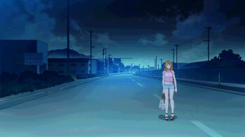 1girl bag blonde_hair breasts after_rape cloud engawa_suguru feet female_focus full_body handbag highres holding holding_bag house large_breasts legs long_hair looking_at_viewer midriff navel night original outdoors pink_shirt road roshutsudo_no_takai_hitchhike_gal_wo... sandals shirt short_shorts shorts sign sky solo standing thighs tree