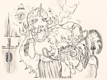 Rule 34 | 3girls, broken, broken chain, buttons, chain, collared shirt, commentary request, cup, dango, diamond button, eating, eyeball, food, frilled shirt collar, frilled sleeves, frills, greyscale, heart, heart of string, holding, holding skewer, horns, hoshiguma yuugi, komeiji koishi, long sleeves, menotama, mizuhashi parsee, monochrome, multi-source commentary, multiple girls, no headwear, oni, pleated skirt, puffy short sleeves, puffy sleeves, sakazuki, shirt, short sleeves, single horn, skewer, skirt, third eye, touhou, traditional media, wagashi, wide sleeves