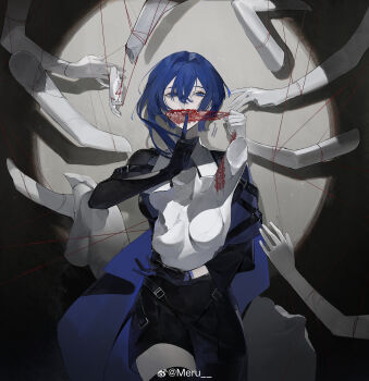1girl absurdres asymmetrical_legwear black_gloves blue_cape blue_eyes blue_hair bust_(sculpture) cape character_request check_character check_copyright chinese_commentary commentary copyright_request covered_mouth cowboy_shot finger_to_mouth gloves hair_between_eyes hand_up highres index_finger_raised light_particles looking_at_viewer meru02295238 mismatched_legwear original sculpture severed_limb short_hair shushing side_cape solo spotlight straight-on watermark weibo_username weibo_watermark