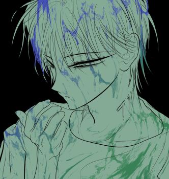 Rule 34 | 1boy, alien stage, black background, commentary, green theme, haembokk 0312, highres, limited palette, looking at hand, male focus, neck tattoo, short hair, solo, tattoo, till (alien stage)